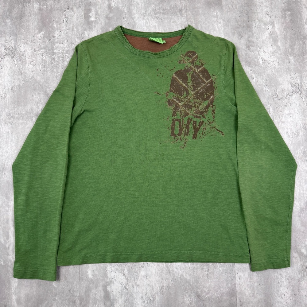 Vintage Industry Shirt Mens Medium Green Long Sleeve Skater Surf Skull Y2K